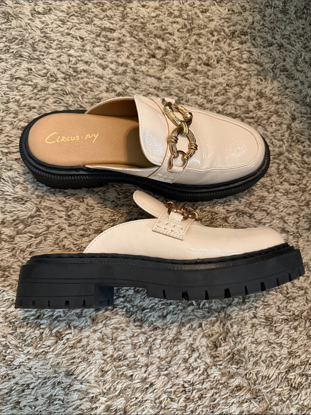 Circus by Sam Edelman Cream Patent Mule Loafers with Gold Chain
